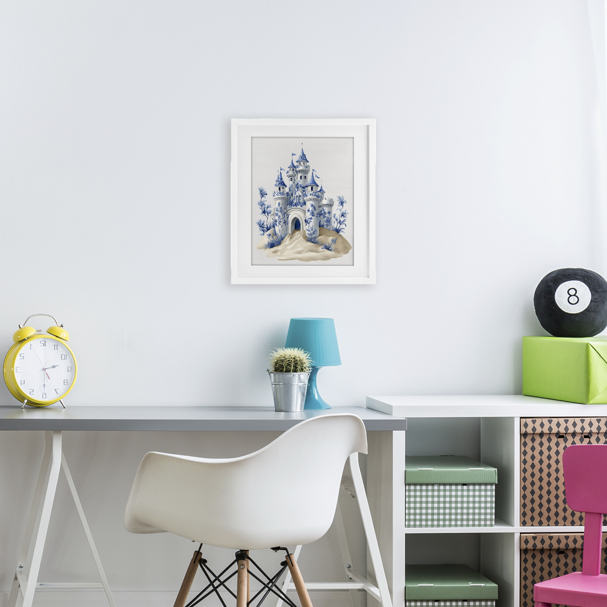 Funky Toile Castle White Framed Print Under Glass, design by Lettered and Lined