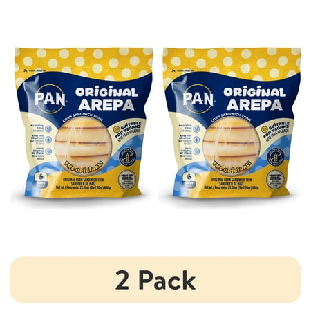 (2 pack) PAN Snack On Pre-Cooked White Corn Frozen Arepa. 6 Units or 23.28 oz. per box.