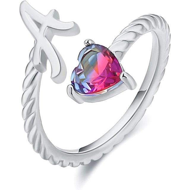 ORUYROP Silver Initial Rings Cubic Zirconia Heart Rings for Women Adjustable Letter Rings Birthday Jewelry Gift for Mom Girlfriend Christmas