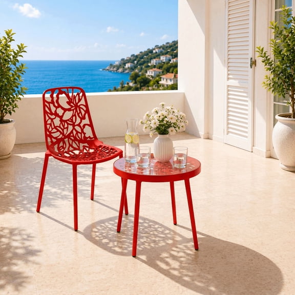 LeisureMod Devon Patio Dining Chair, Floral Cutout Aluminum Metal Stackable Side Chair for Indoor Outdoor Use, Weather & UV Resistant Modern Garden Bistro Seating with Floor Protectors, Red