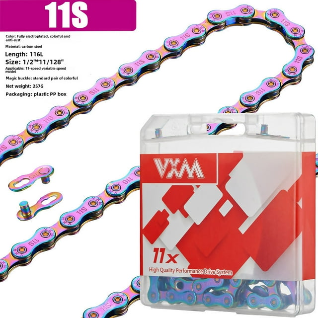 Chaîne de Vélo Colorée en Acier au Carbone VXM à 11 Vitesses avec Placage Électrolytique Complet pour la Résistance à la Rouille – Conception de Précision à 116 Pas pour un Changement de Vitesse en Douceur sur Vélos de Montagne et de Route, Option Personnalisable pour Amélioration