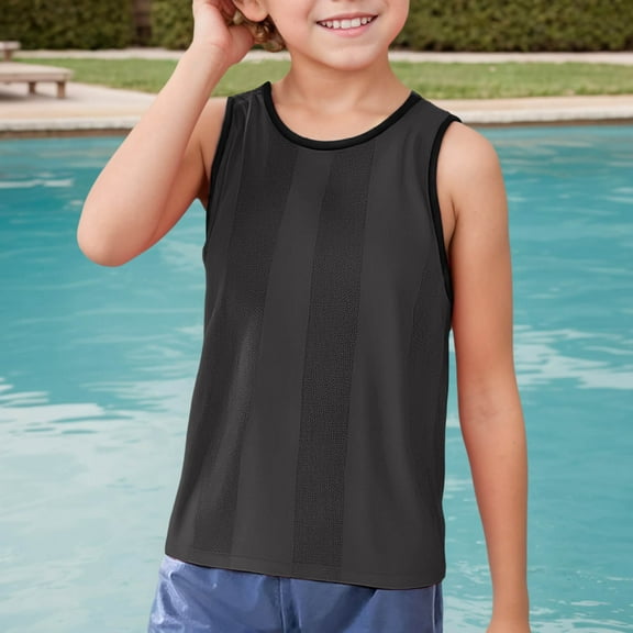 TOOYOU Boys Summer T-Shirt Children Sleeveless Solid Vest Tops Casual Popularity Side Wide Fork Fitness Sports Garment Loose Vest Size 10-15 Years Black