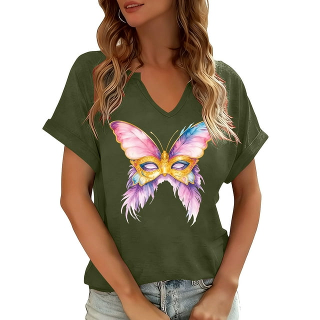 TIMIFIS Hauts Graphiques Décontractés pour Femmes Chemises d'Été Manches Courtes Chandail Col en V Printemps Léger Ample Confortable Sortie Tenue de Mode Blouse Vacances