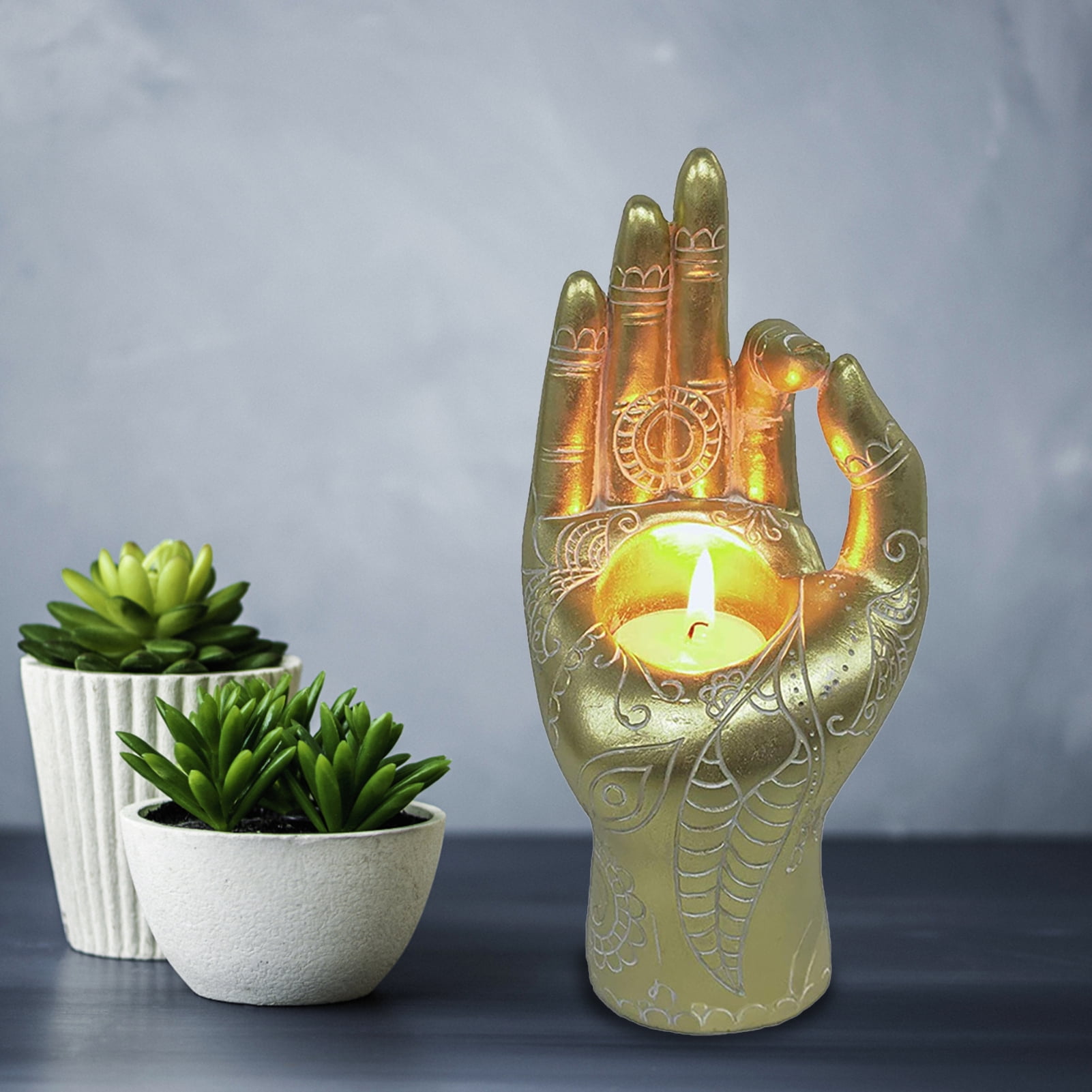 Dream Lifestyle Classic Candle Holder Eyecatching Buddha Hand Shaped Resin Candlelight Stand