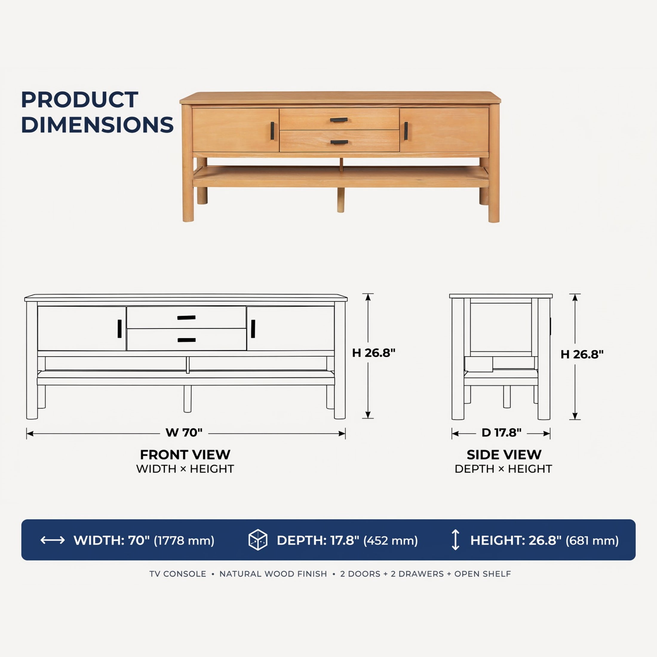 Christopher Knight Home 70" Modern Wood TV Stand, Media Console with Doors and Drawers, Light Oak