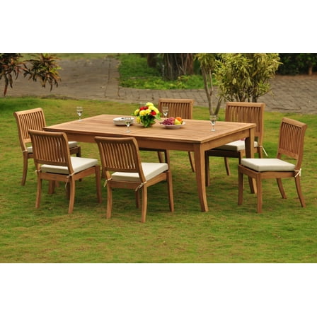 Teak Dining Set: 6 Seater 7 Pc: 118" Atnas Rectangle Table & 6 Stacking Arbor Armless Chairs Outdoor Patio Grade-A Teak Wood WholesaleTeak #WMDSAB18