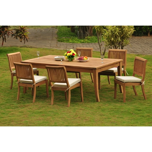 Teak Dining Set: 6 Seater 7 Pc: 118" Atnas Rectangle Table & 6 Stacking Arbor Armless Chairs Outdoor Patio Grade-A Teak Wood WholesaleTeak #WMDSAB18