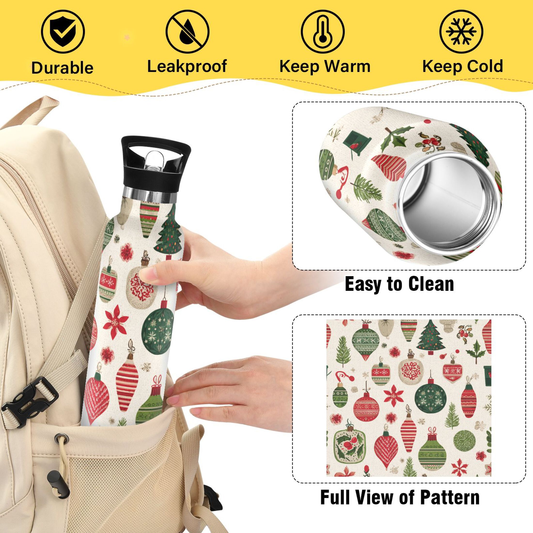 600ML Stainless Steel Insulated Cup Sports Water Bottle Portable Thermos Cup Water Glasses Insulated Tumblers Convenient and Durable Cartoon Christmas Element Pattern