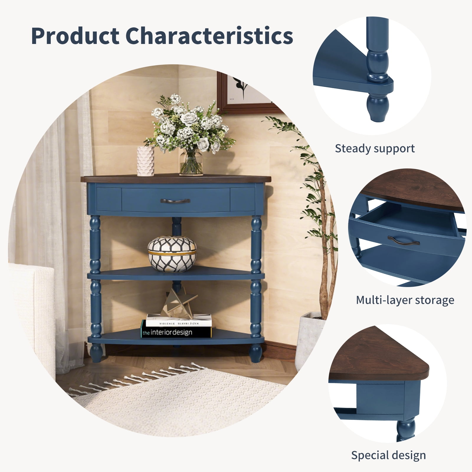 3-Tier Corner Shelf Unit for Small Spaces - Triangular Storage Rack with Solid Wood Legs, Multi-Functional Apartment & Living Room Furniture, Easy Assembly (Navy Blue)