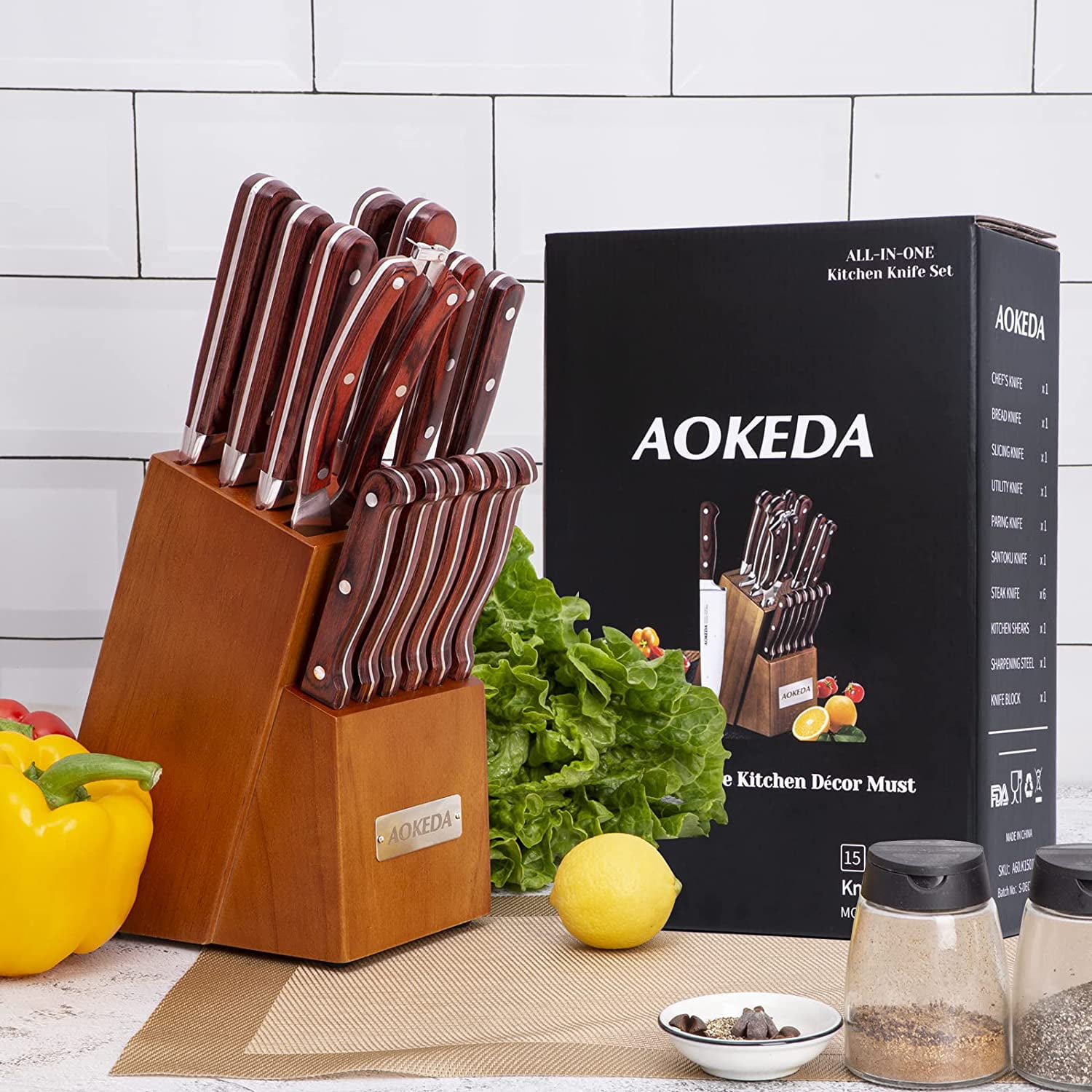 AOKEDA 15-Piece Kitchen Knife Set with Block, Stainless Steel Knives,  include Sharpener, Poultry Shears (Classic Pakkawood)