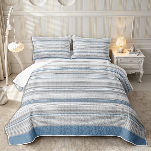 Castle Fairy Retro Horizontal Stripe Twin Quilt Set 2 Pieces,Minimalism Thin Line Twin Coverlet Set,Blue Gray White,1 Bedspread and 1 Pillowcase
