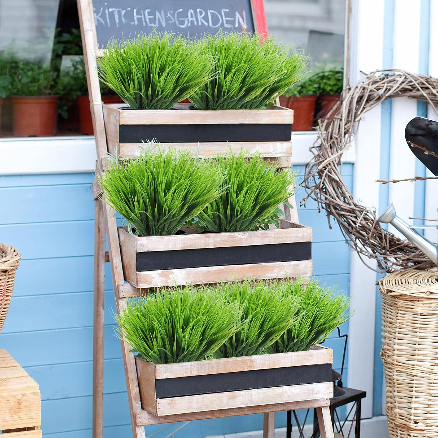 24 Bundles Artificial Greenery for Outdoors,Fake Wheat Grass Faux Shrubs Plants UV Resistant for Patio Garden Porch Window Box Spring Home Decor, Green