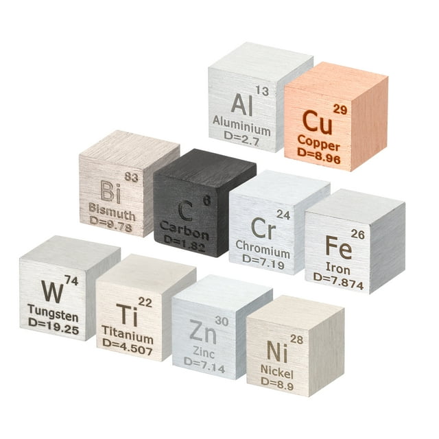 Uxcell 10Pcs Cubo de Elemento, Cubo de Densidad de 10mm Cubo de Elemento de Alta Densidad Cubo de Metal Único Colecciones de Tabla Periódica de Elementos Experimento de Laboratorio Maestro