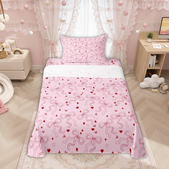 Manfei Pink Bow Love Heart Star Pink Print Twin Sheet Sets for Girls, Cute Bows Bedding, 3pcs