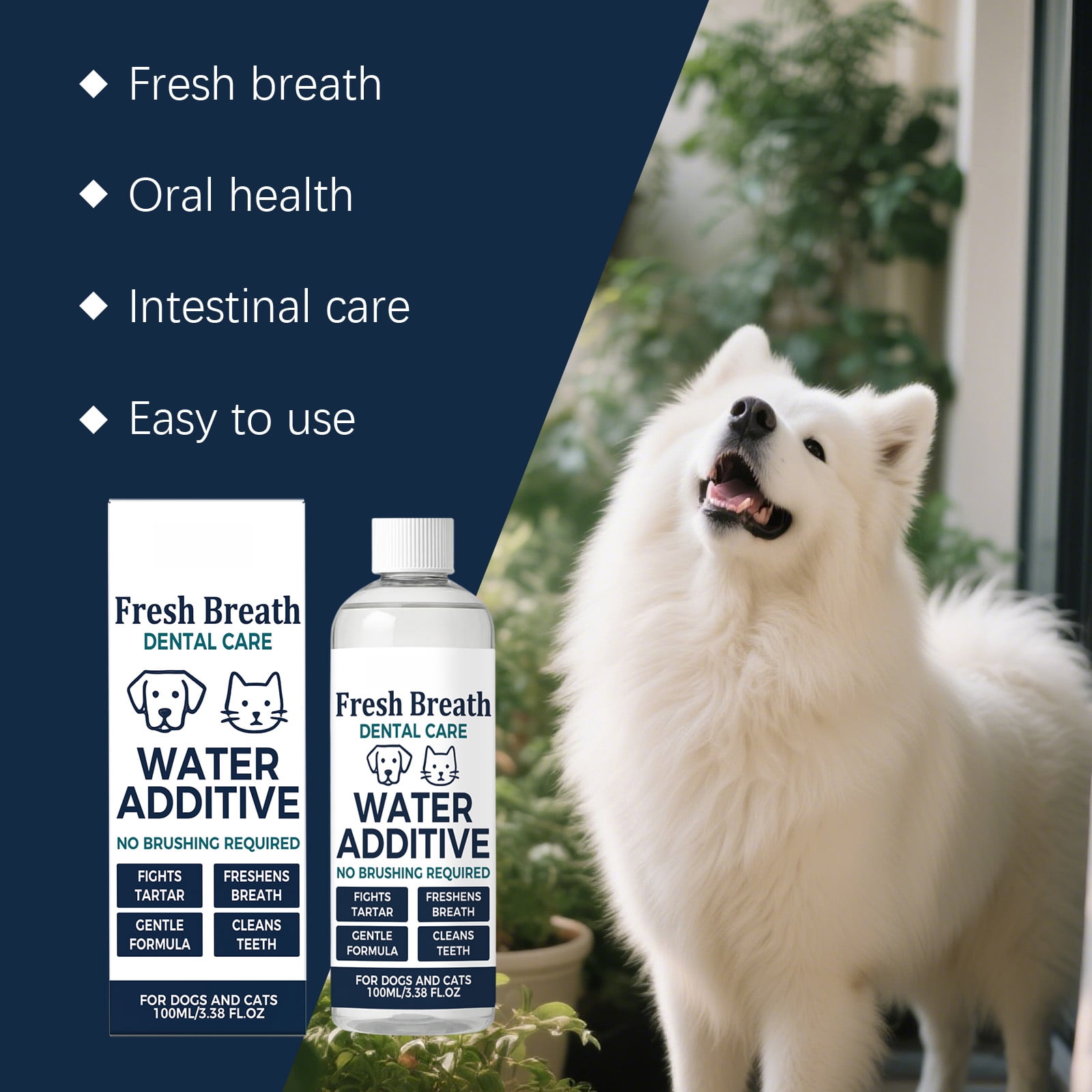Alvantor Dog Dental Water Additive Oral Rinse for Breath Freshener Tartar Plaque Cleaner Plant Based Gentle Formula, 3.38fl.oz