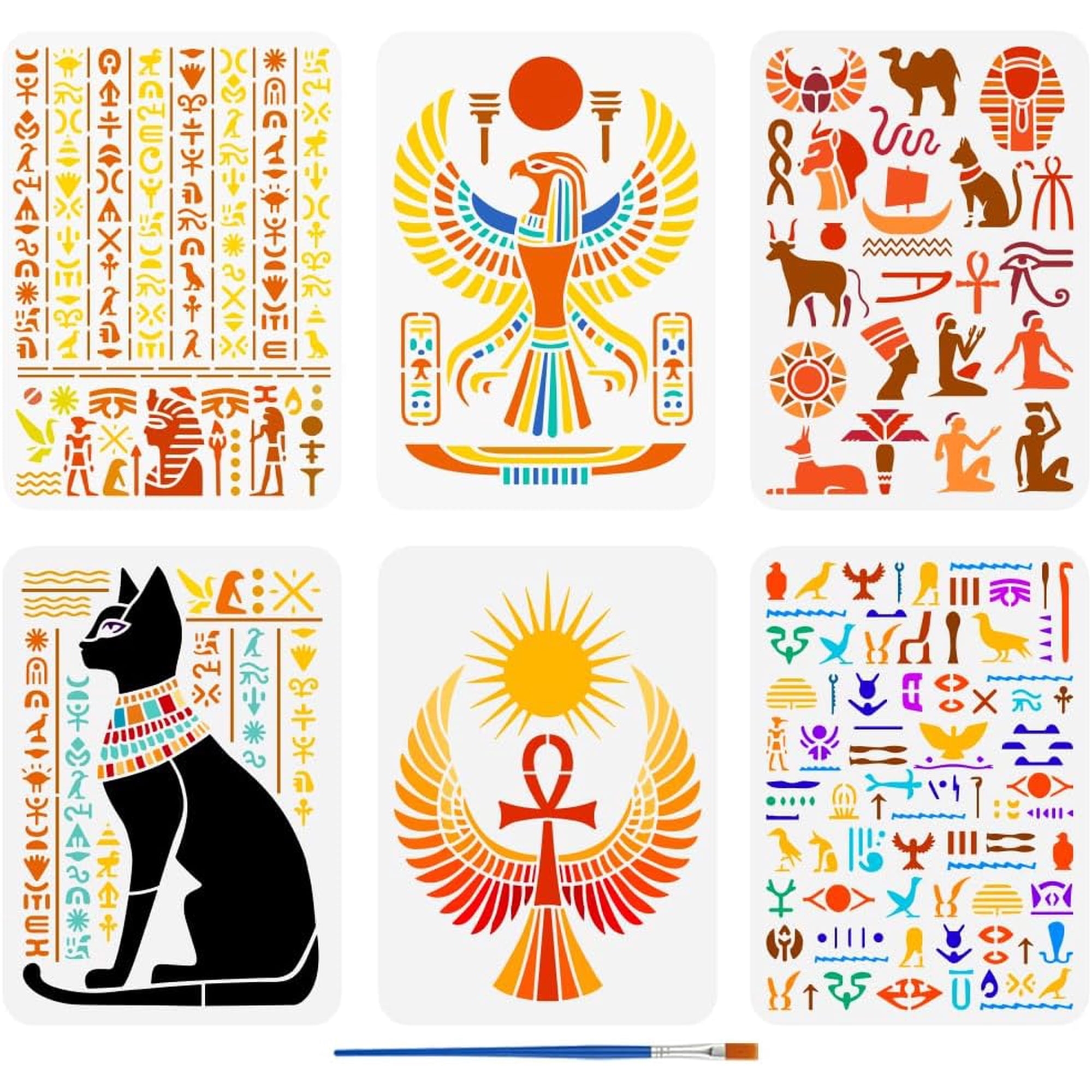 6 PCS Egyptian Symbols Painting Stencil with 1 Plastic Paint Brush 8.3x11.7in Horus Falcon Ankh Cat Hieroglyphic Patterns