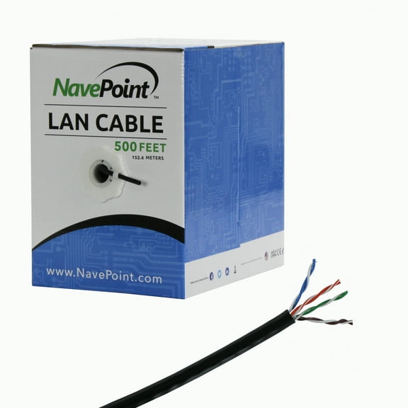 NavePoint CAT5e (CCA), 500ft, Black, Solid Bulk Ethernet Cable, 24AWG 4 Pair, Unshielded Twisted Pair (UTP)