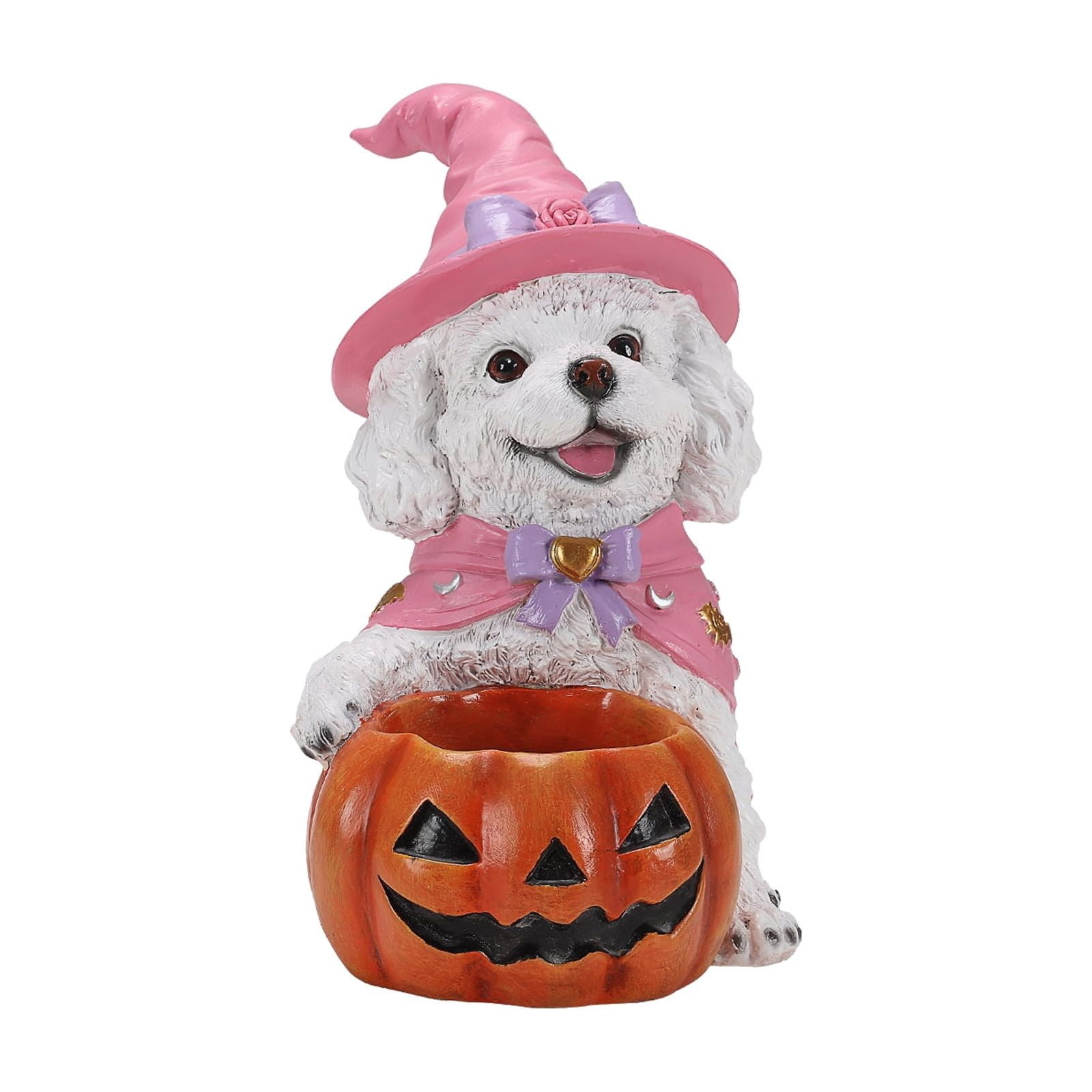 Puppy Halloween Candy Bowl with Pink Witch Hat Pumpkin Holder Resin Tabletop Decor
