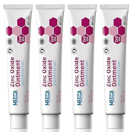 High-Potency 20% Zinc Oxide Ointment - (Pack of 4) Baby Diaper Rash Cream and Gentle Skin Protectant Barrier for Chafed Skin, Wetness, Daily & Overnight Protection Soothing, Hypoallergenic, 1oz Tubes