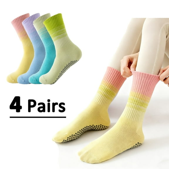4 Pairs Women’s Non-Slip Grip Socks – Mid-Calf Fashion Socks for Yoga, Pilates & Barre