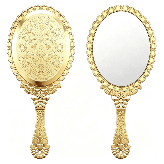 XIBUFE Vintage Hand Mirrors with Handle,Vanity Handheld Makeup Mirror Elegant Handle Mirror Portable Plastic Handheld Travel Mirrors for Women Face Makeup Travel Party Desk Carry Accessories,Gold