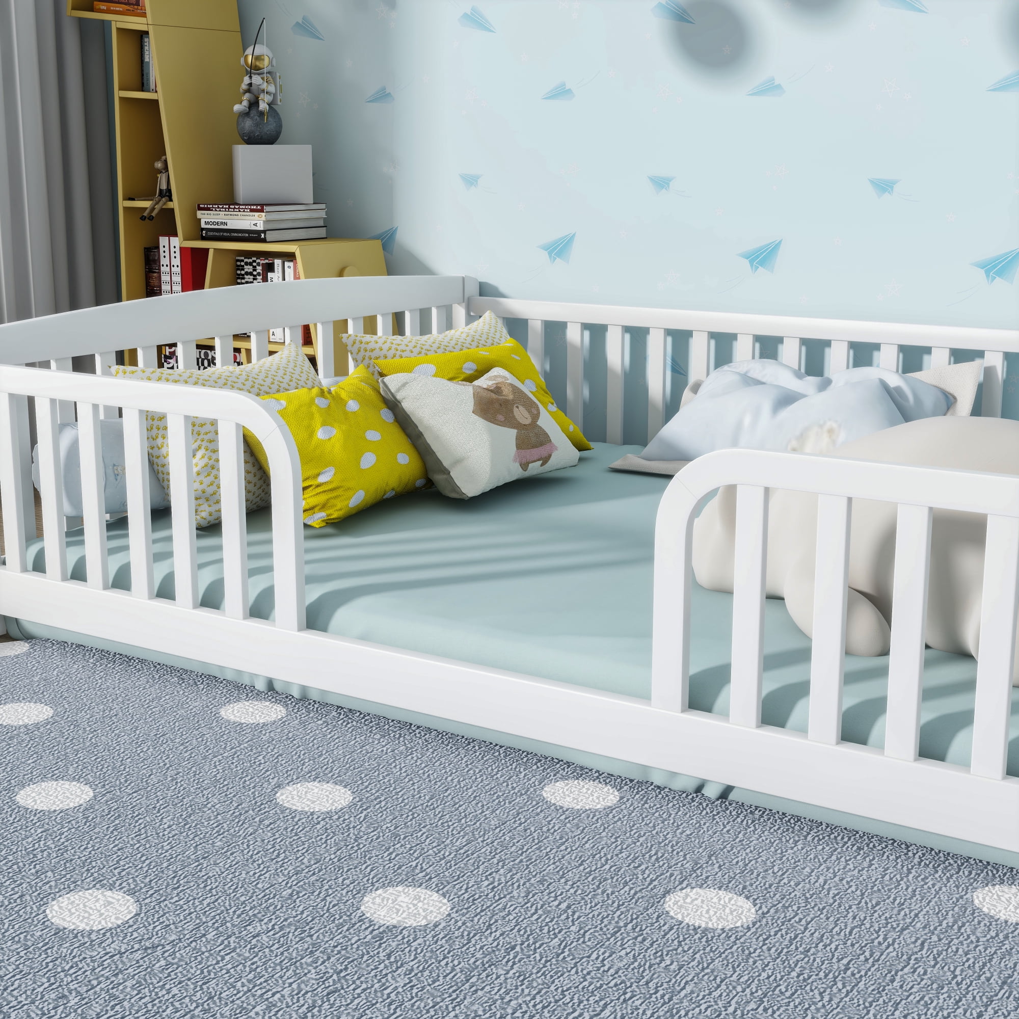 Jopath Full Size Floor Fence Bed with Central Entrance,Pine Wood Floor bed with Guardrails for Boys Girls White