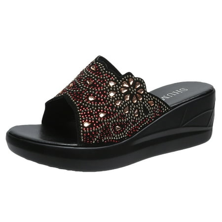 

Womens Sandals Sandals for Women Ladies Wedges High Heel Fish Mouth Casual Bohemian Beach Shoes Rhinestone Slippers Women S Sandals Pu Red 37