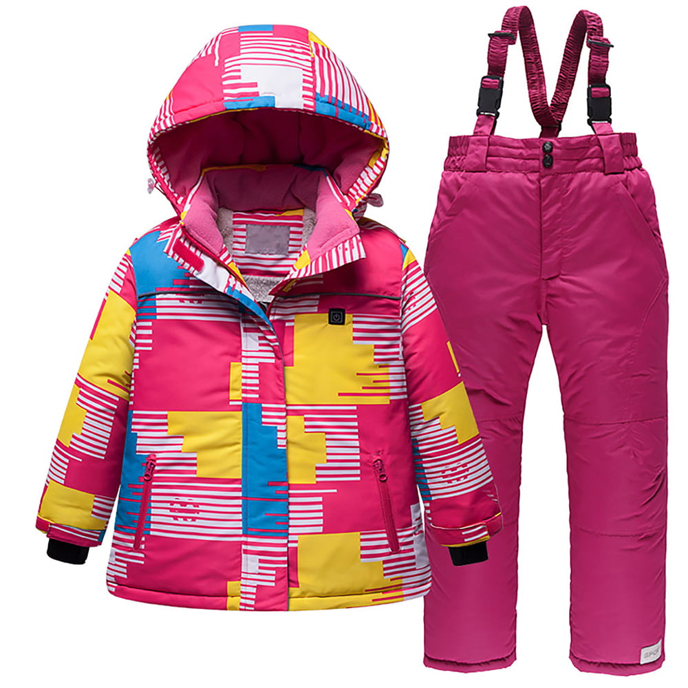 Girls Pink Ski Jacket and Colorful Pants Set Outdoor Warm Snowsui for Children