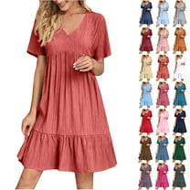 NXMZXB Plus Size Womens Summer Dresses Loose Fit Casual Midi Swing Dress Short Sleeve V Neck Ruffle Tiered Layered A-Line Flowy Beach Sundress 2025 Vacation Outfits Gray S