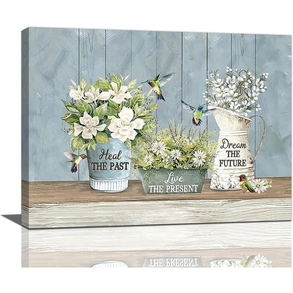 Farmhouse Bathroom Decor Wall Art Rustic Floral Hummingbird Pictures Flower Canvas Painting Framed Artwork for Living Room Bedroom Kitchen 16''x12''