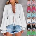 thumbnail image 1 of Tops bonitos,Blusa de manga larga con cuello en V para mujer, top con tiras y encaje, camisa informal de poliéster, camiseta lisa para uso diario, sopatenor, 1 of 9