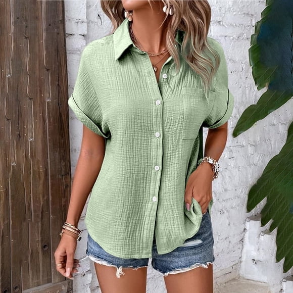 TINZ Ladies' Fashionable And Casual Solid Color Batsleeved Button Short Sleeved Shirt Fall for Women Womens Baseball Long Sleeve Tunic