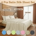 thumbnail image 2 of Amay Luxury Satin Silk Bed Sheet Set - 4 Piece Bedding Set with Fitted Sheet, Flat Sheet & 2 Pillowcases - Ultra Soft, Smooth, Wrinkle Resistant ( Short Queen, Ivory), 2 of 6
