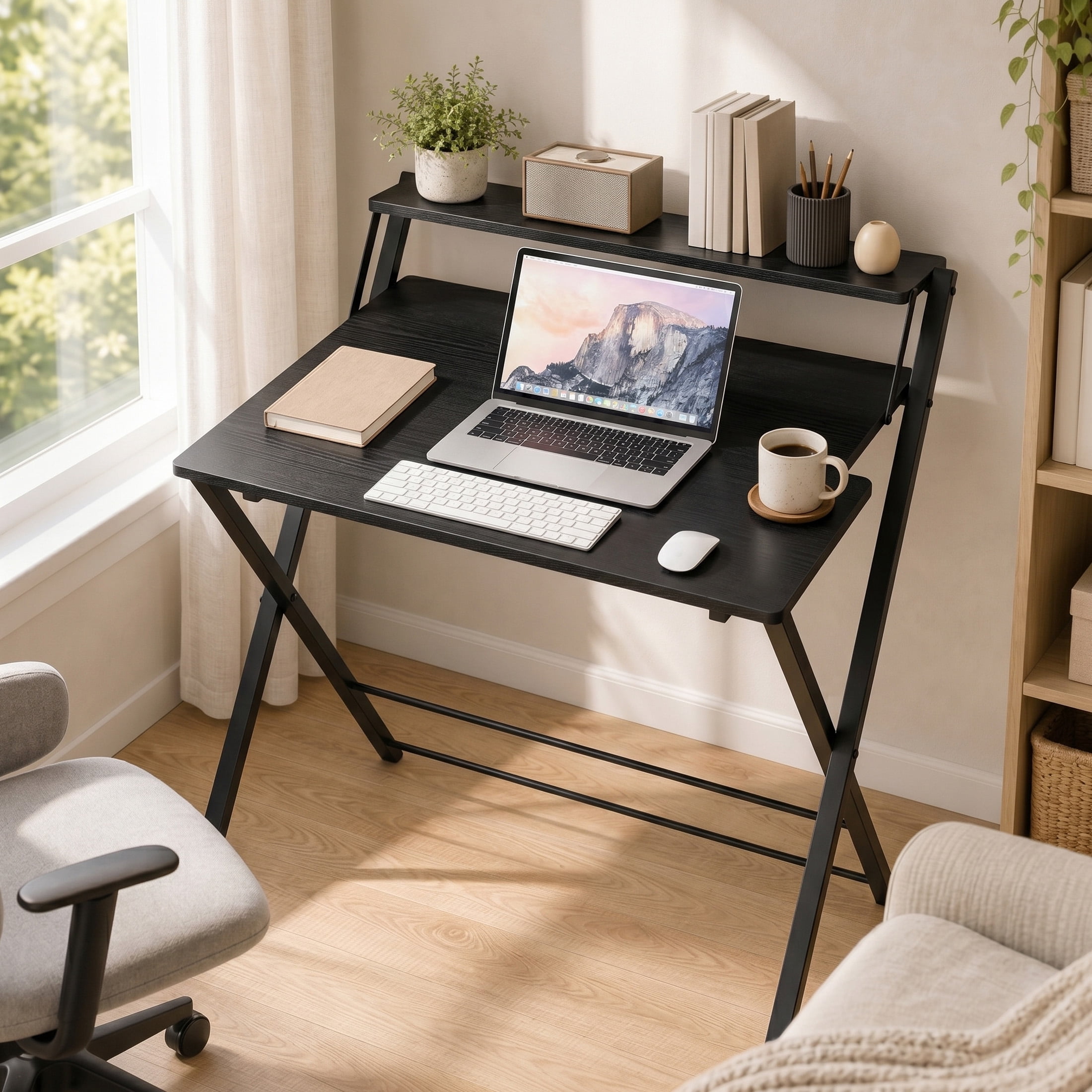 EDX Small Folding Desk with Shelf, No Assembly 2-Tier Compact Computer Table, Portable Study Workspace for Bedroom, Home Office, Black