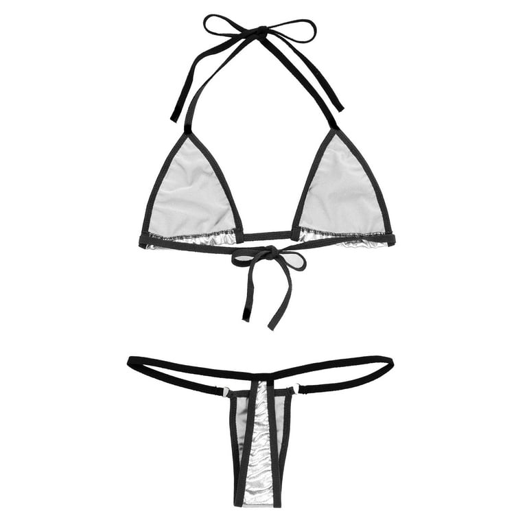 CHICTRY Womens Clear Straps Bikini Set Patent Leather Bikinis Halter Bra  with G-string 