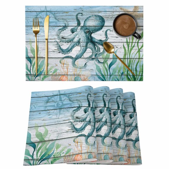 Coastal Octopus Placemats Set of 8, Nautical Starfish Seaweed Coral Wooden Placemats for Dining Table, Place Mats for Kitchen Tabletop, Waterproof Wipeable Dining Table Mats Set