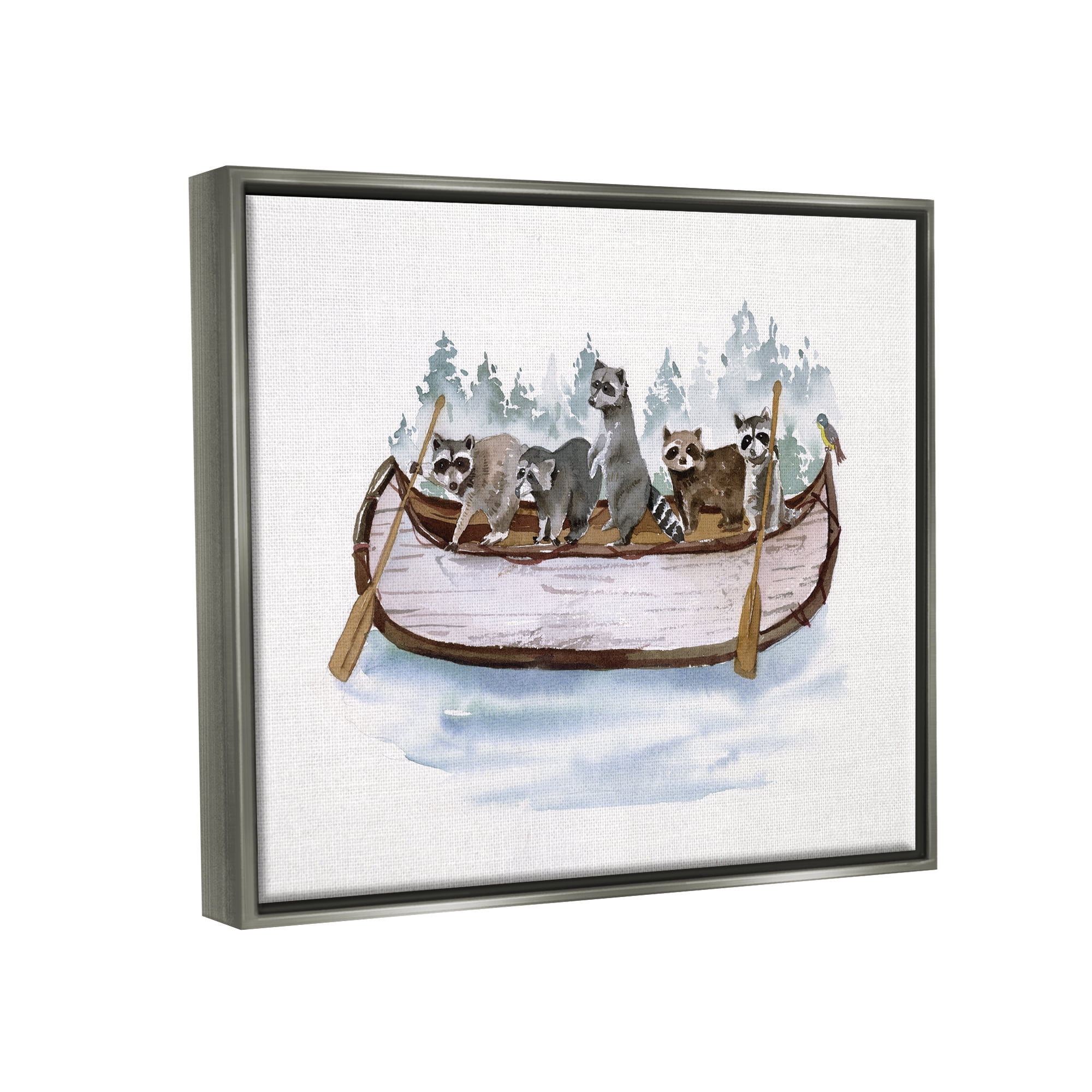 Stupell Industries Raccoons on Rowboat Animals & Insects Painting Gray Floater Framed Canvas Art Print Wall Art, 21 x 17