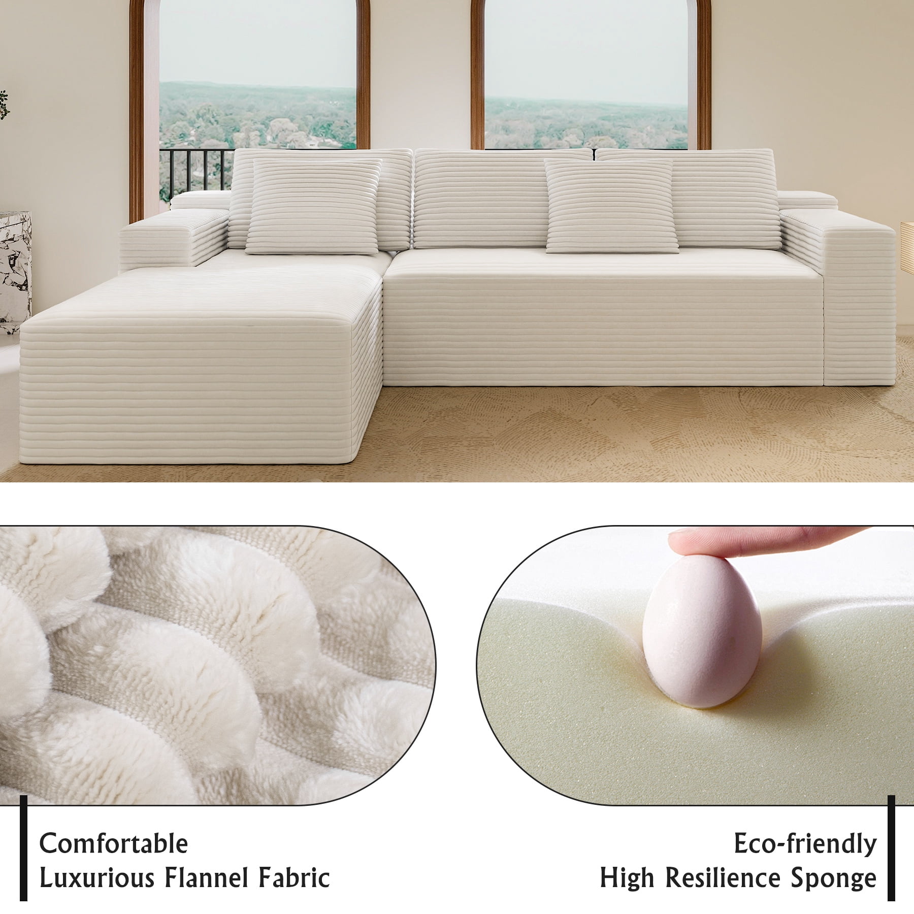 Aukfa 104" Modular Cloud Sectional Sofa with Left-Facing Chaise, Plush Corduroy Upholstered Deep Seat Couch, No Assembly Required for Living Room/Bedroom/Apartment, White