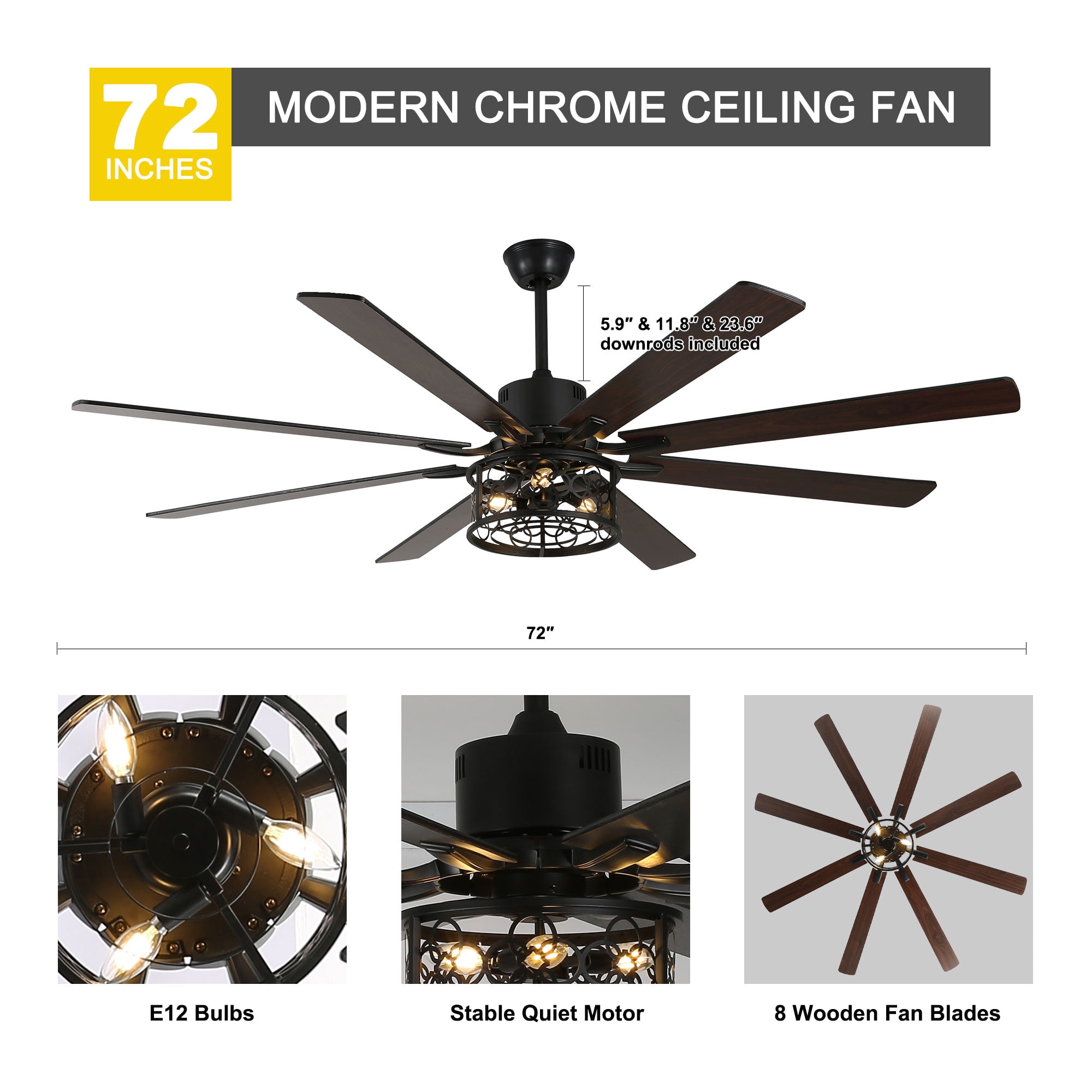 Chords Attic 72" Reversible 8-Blade Ceiling Fan with LED Lights, Remote 3-Color, 6-Speed and Timer