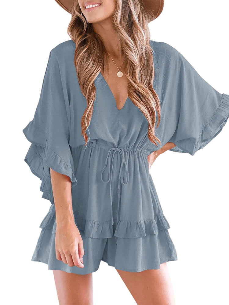 Womens VNeck Beach Romper Ruffle Layered Drawstring Waisted Shorts