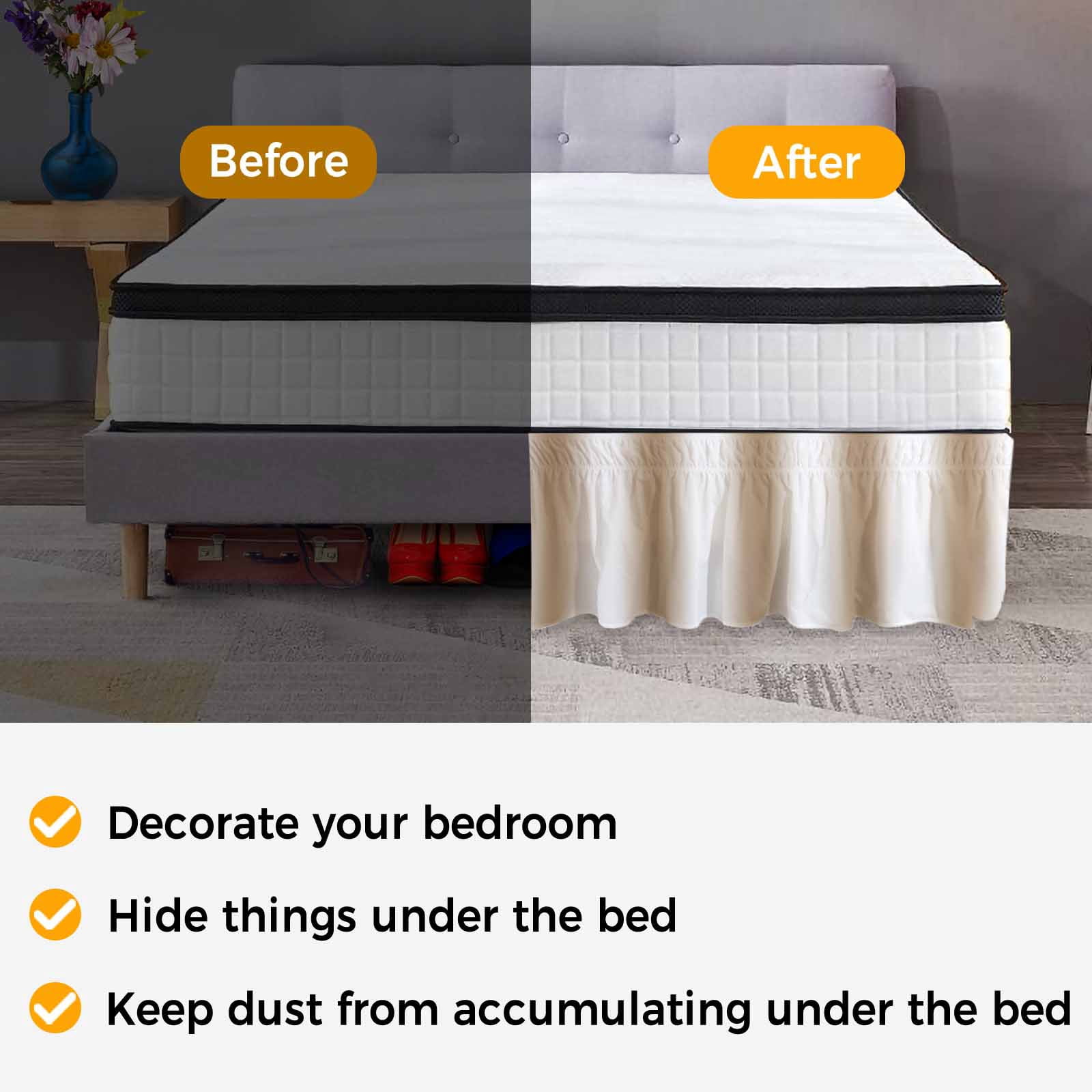 Khaki White Ombre Bed Skirt Cal King Size,Modern Abstract Art Farmhouse Gradient Wrap Around Bed Skirting with Adjustable Elastic Strap,Dust Ruffled Pleated Bedskirts 18 Inch Drop for Bedroom Beds