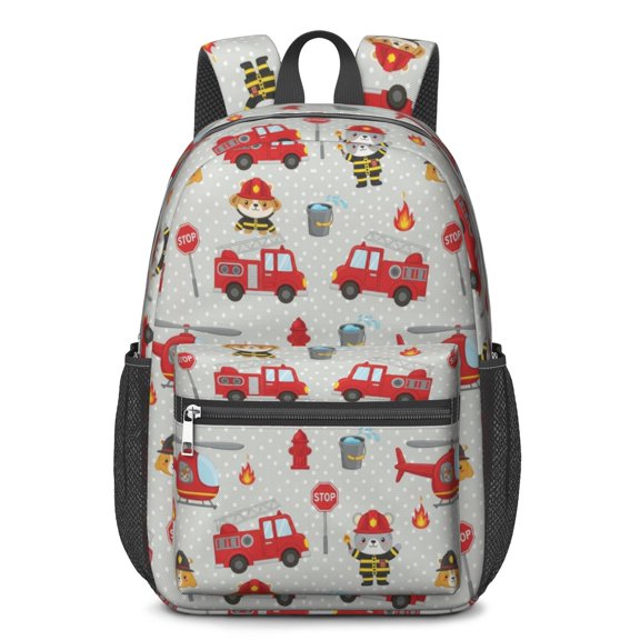 Fireman and Elephant Grey Pattern 17" Waterproof Oxford School Backpacks for Teens, S-Shape Padded Straps, for School, Travel, Hiking, Camping