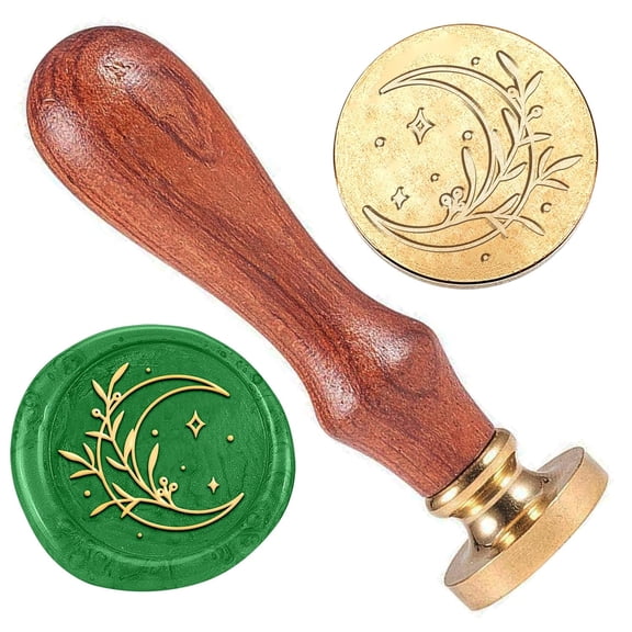Crescent Moon Wax Seal Stamp Moon with Olive Leaf Wax Stamp 1" Removable Brass Stamp Head with Wood Handle for Party Wedding Gift Packaging Greeting Cards Decoration DIY