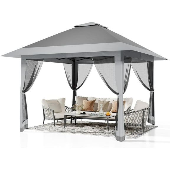 13x13 Ft Pop Up Gazebo, Outdoor Canopy Tent with Mosquito Netting, Pop Up Canopy with Double Roof Design & Adjustable Height, UV-Resistant Patio Gazebo Sunshade for Graden/Backyard/Lawn/Beach (Gray)