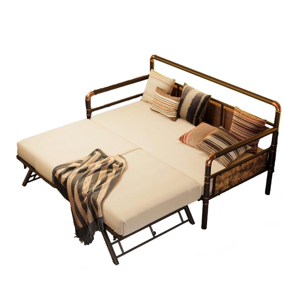 Daybed with Trundle Bed - Twin Sofa Bed Frame with Steel Slats and Strong Support, Brown