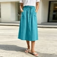thumbnail image 3 of STETMN Women's Midi Skirt,Drawstring Waist, Button Trim, A-Line Cotton Linen Casual Skirt with Pockets, 3 of 8