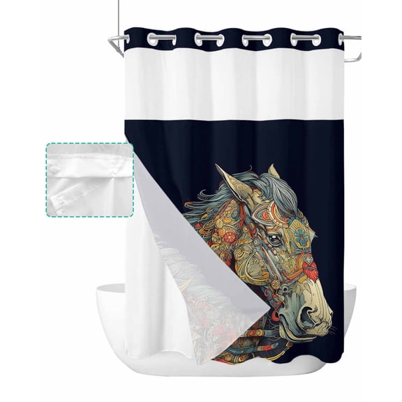 No Hook Shower Curtain with Snap in Liner, Animal Horsehead Abstract Geometric Pattern Hotel Shower Curtains for Bathroom, Washable Shower Curtain Liner Set with Mesh Top Window, 72"x84"