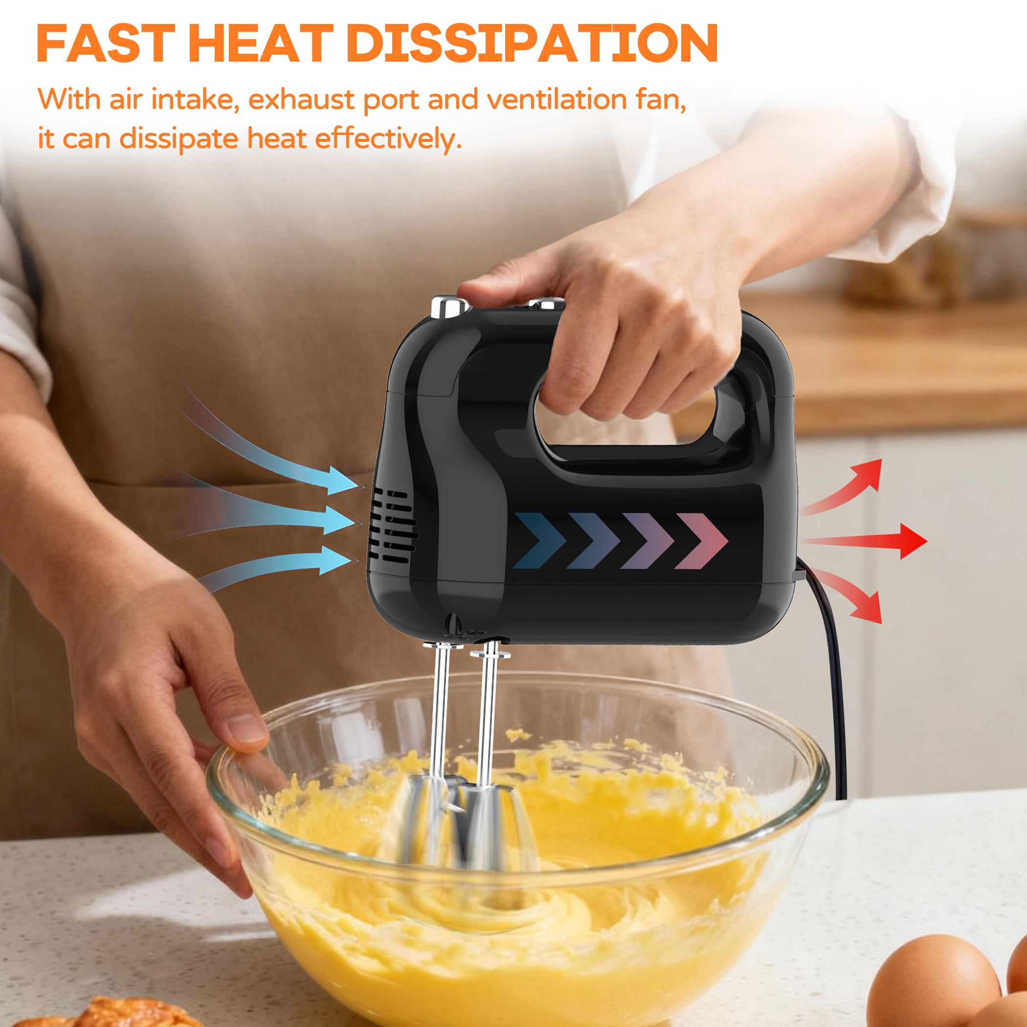 Hivroo Electric Hand Mixer, 5-Speed with Stainless Steel Beaters & Dough Hooks for Baking Cake Egg Cream Food