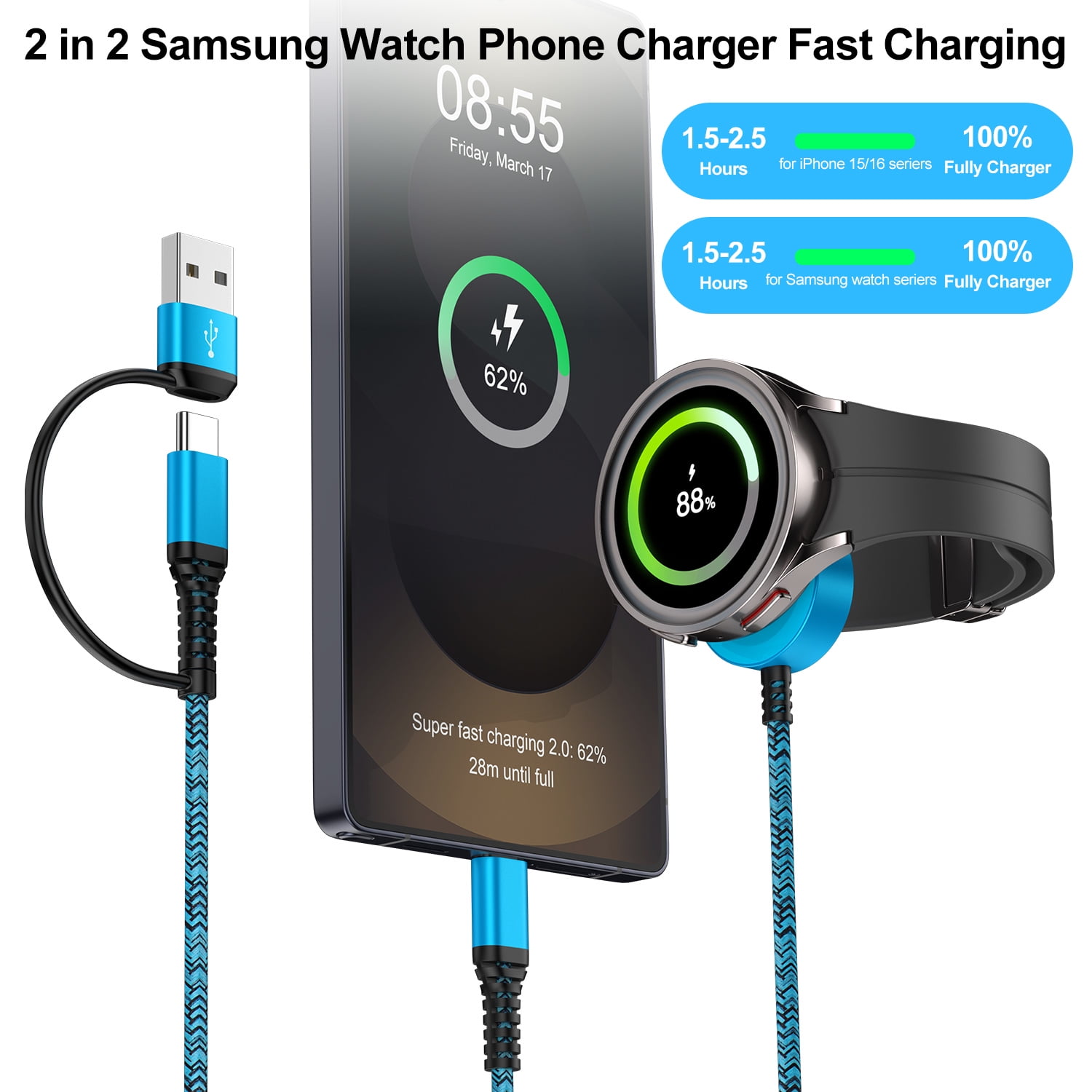 2 in 2 USB C Watch Charger,2Pack Type C Charger Block w/ Type C Charger Cable Cord 6FT USB C Fast Charging Dock Stand Replacement Wireless Magnetic USB Type C Watch Charger Pad Compatible for Samsung