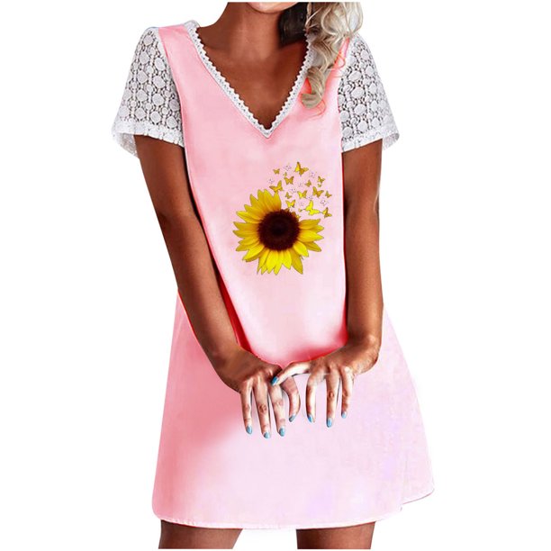 Puntoco Vestido De Manga Corta Con Cuello En V, Vestido De Manga Corta Con Encaje Y Cuello En V Con Estampado De Girasol Para Mujer Rosa S